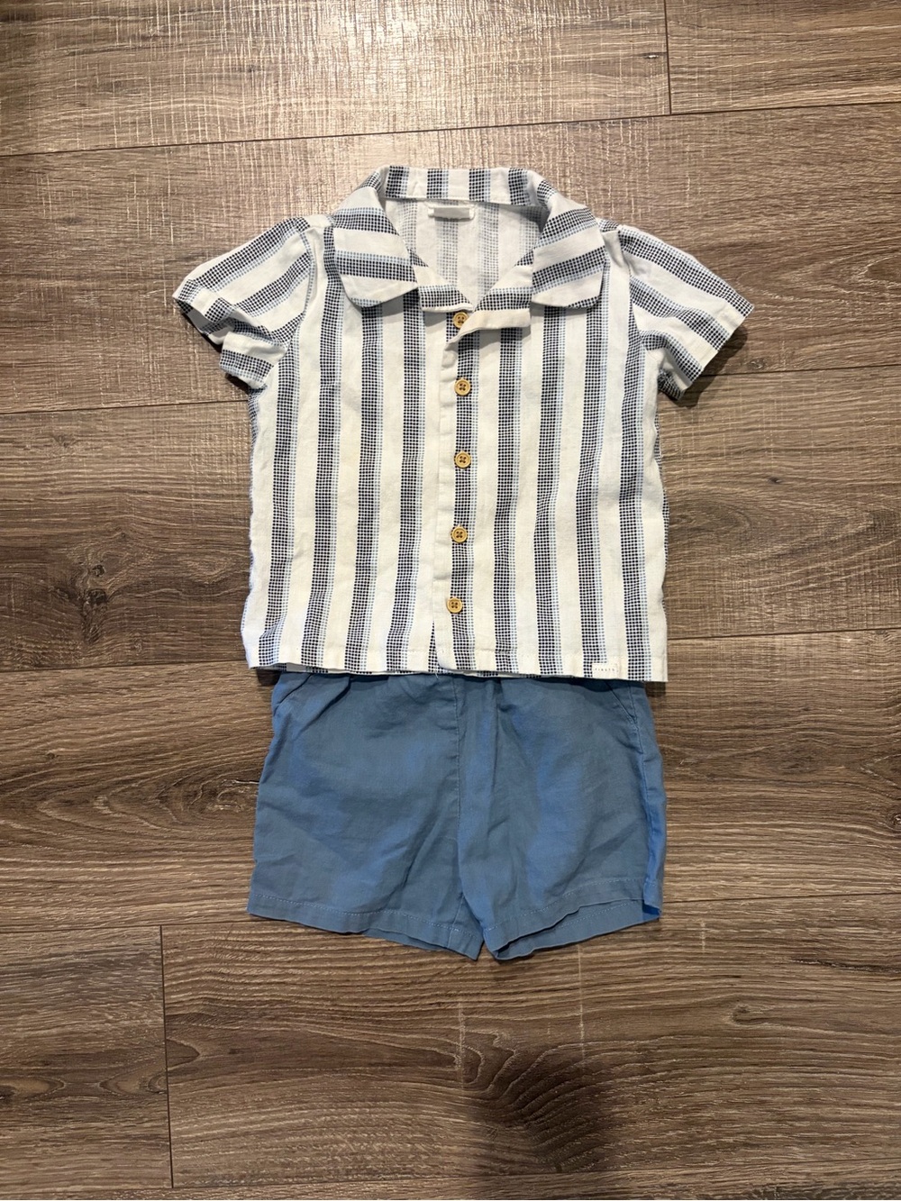 Firsts by Petite Lem Boys Blue & White Striped Linen Look Shirt with Blue Shorts